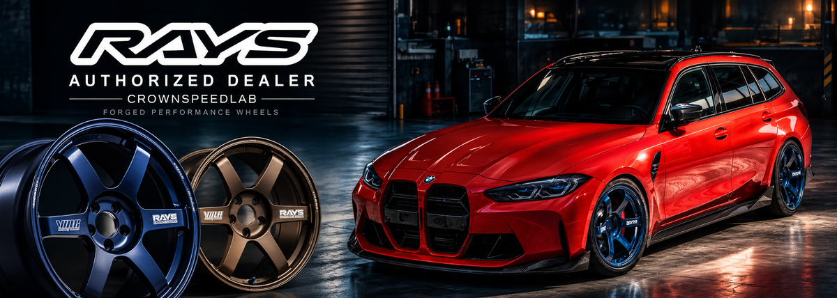 CrownSpeedLab RAYS authorized dealer, red BMW with blue and bronze TE37 forged wheels