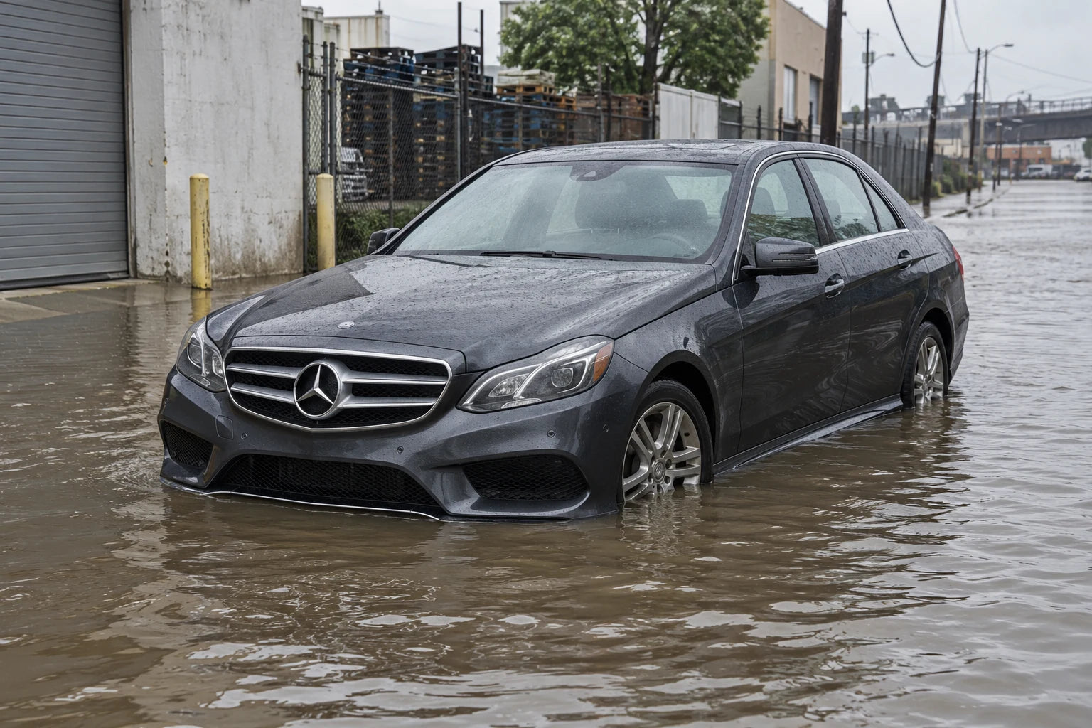 Unoccupied graphite sedan in floodwater on a New York industrial street