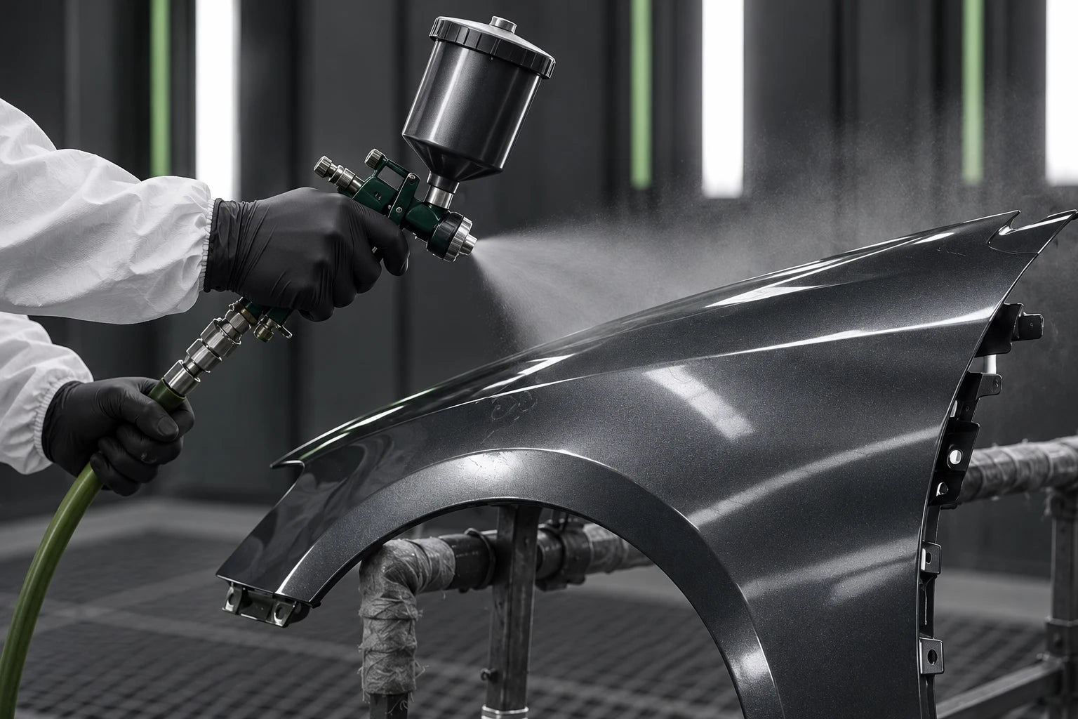 Gloved hands spraying a detached vehicle fender